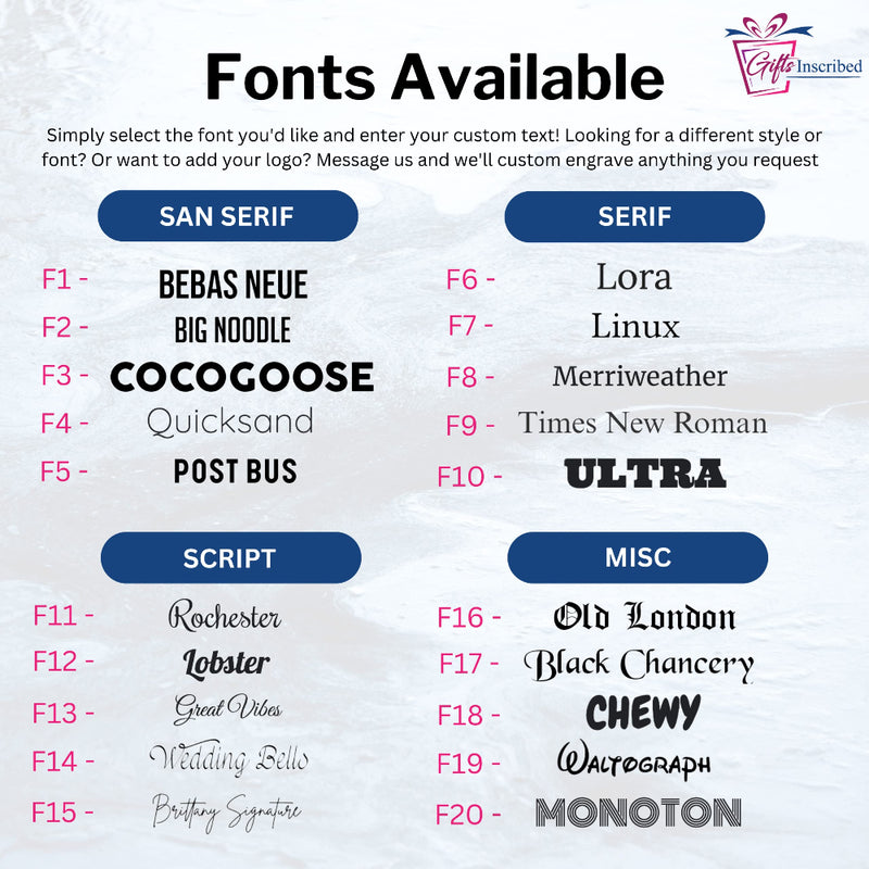 List of available fonts with examples on a white background
