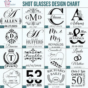 Shot glasses design chart with various monograms, names, and dates.