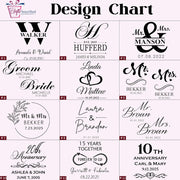 Design chart with various personalized monogram and name templates for wedding or anniversary gifts.