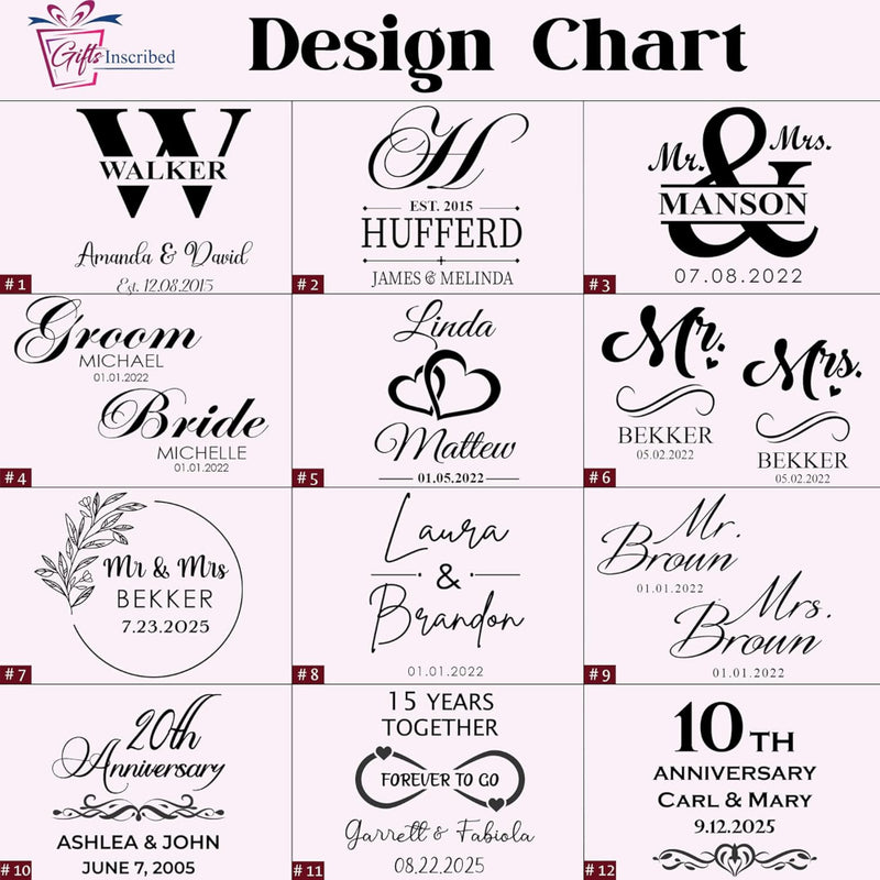 Design chart with various personalized monogram and name templates for wedding or anniversary gifts.