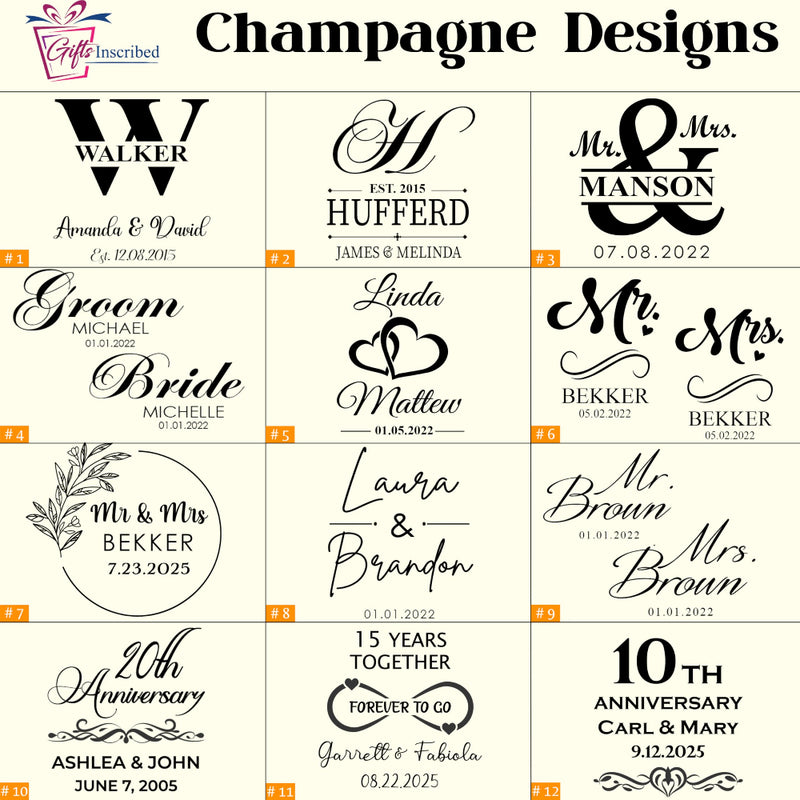 Collection of personalized champagne bottle labels with various designs and text.