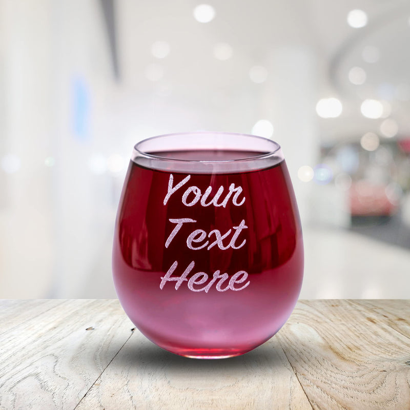 Red wine glass with 'Your Text Here' text on a wooden surface
