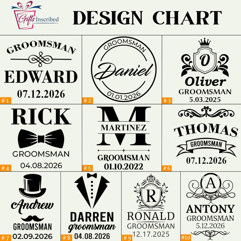 Design chart for personalized groomsman gifts with various styles and names.