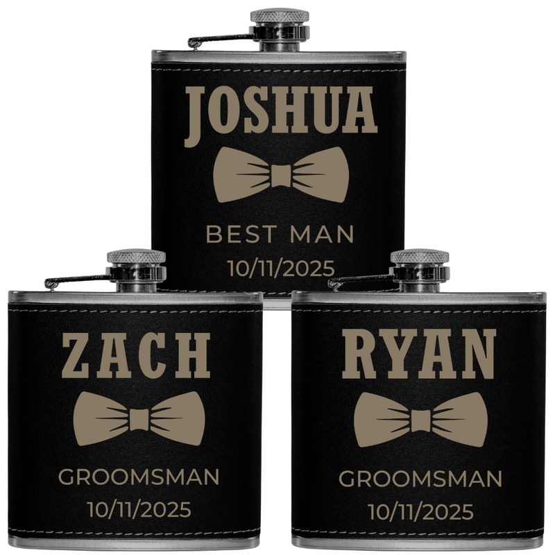 Three black flasks with names and dates engraved on a white background