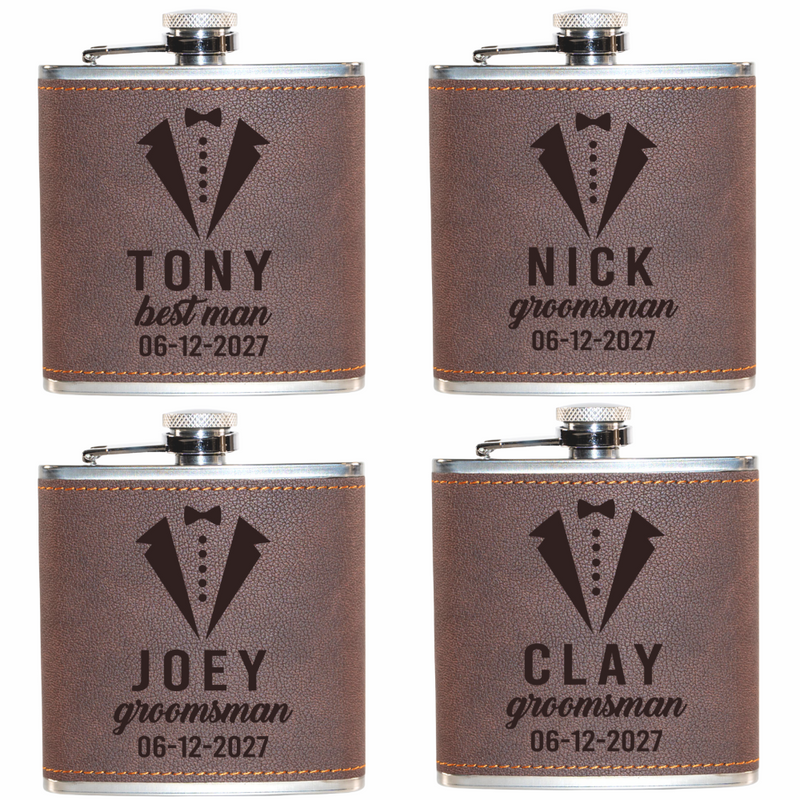 Four personalized flasks with tuxedo design and names engraved on a white background