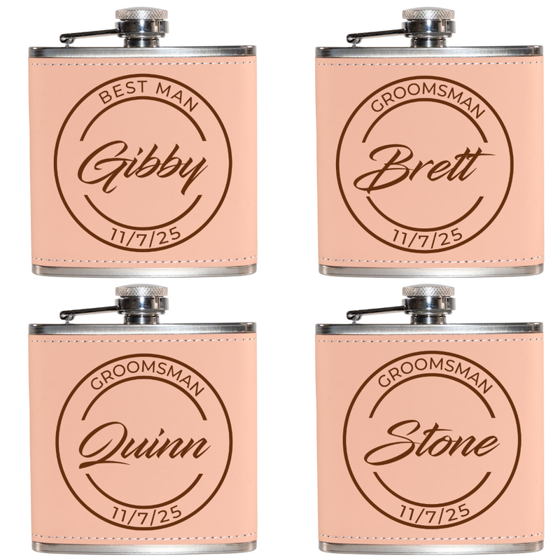 Four pink flasks with engraved names and dates on a white background