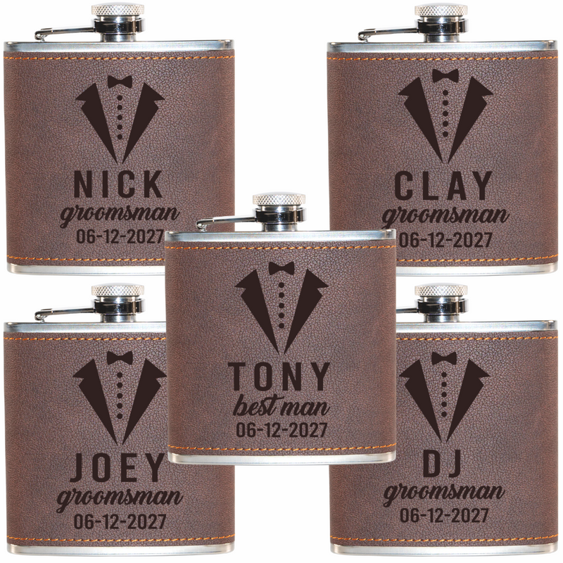 Set of five personalized leather flasks with tuxedo design and names engraved.