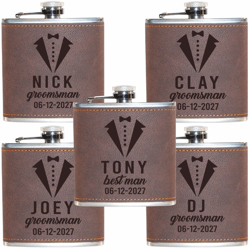 Personalized Leather Hip Flask Set | Custom Engraved 6oz Stainless Steel Flask