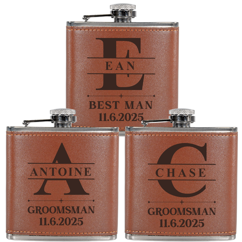 Three brown leather flasks with engraved names and dates on a white background