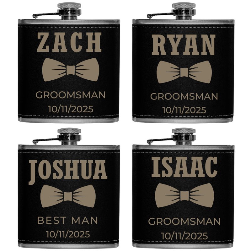 Four black flasks with personalized names and roles on a white background