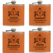 Four orange leather flasks with engraved names and dates on a white background