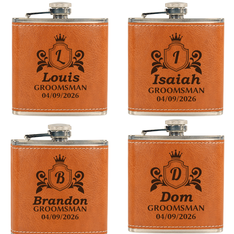 Four orange leather flasks with engraved names and dates on a white background