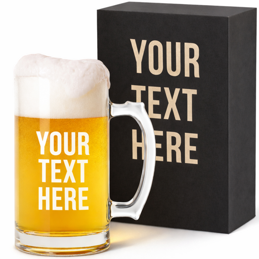 Glass mug with beer and 'Your Text Here' text next to a black box with the same text.