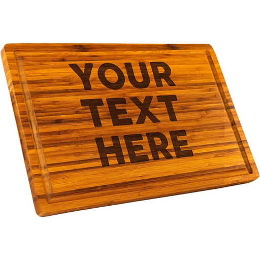 Wooden cutting board with 'Your Text Here' engraving on a white background
