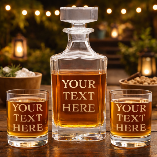 Personalized whiskey decanter and glasses with 'Your Text Here' on a wooden table.