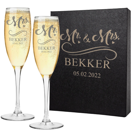 Two champagne flutes with 'Mr' and 'Mrs' engraving and a black box labeled 'Mr & Mrs Bekker' on a white background.