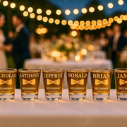 Personalized shot glasses for groomsmen with names and dates on a blurred wedding background.