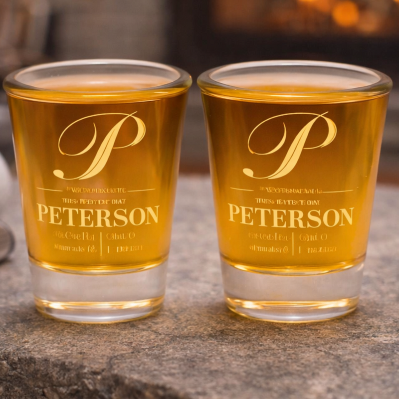Two shot glasses with 'P' logo and 'PETERSON' text on a stone surface.