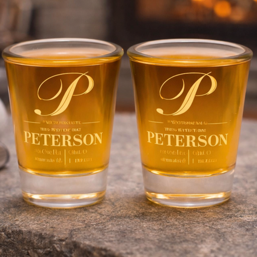 Two shot glasses with 'P' logo and 'PETERSON' text on a stone surface.