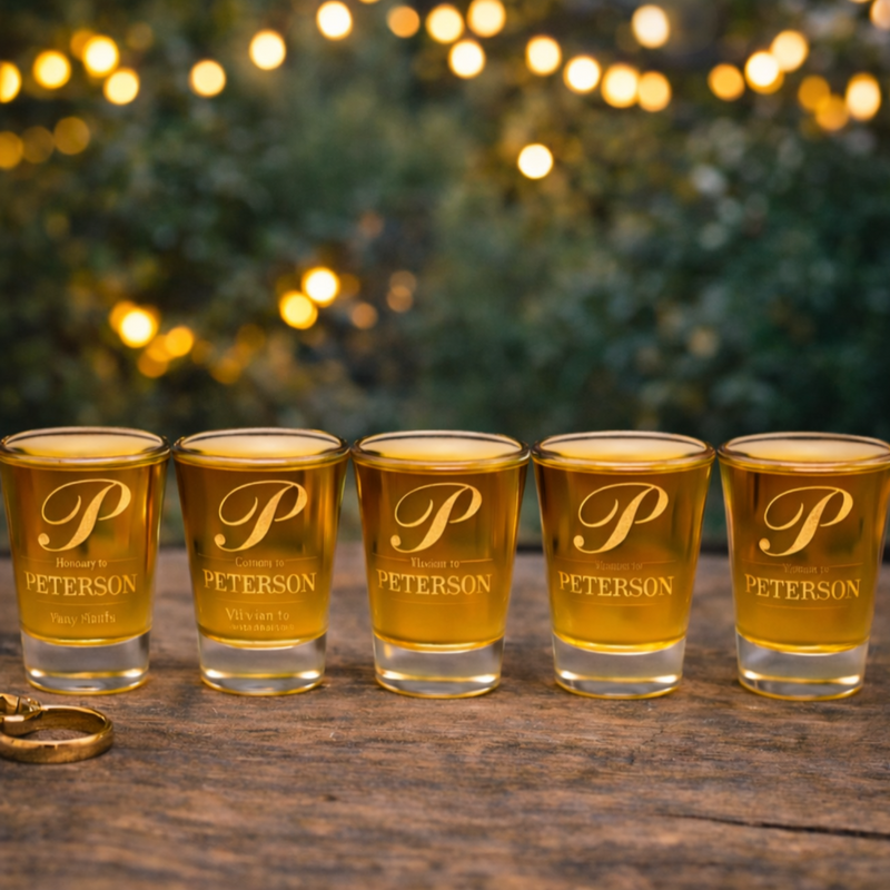 Five shot glasses with 'Peterson' branding on a wooden surface with a festive background.