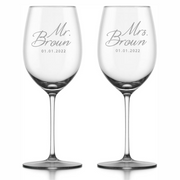 Two wine glasses with 'Mr. Brown' and 'Mrs. Brown' inscriptions on a white background