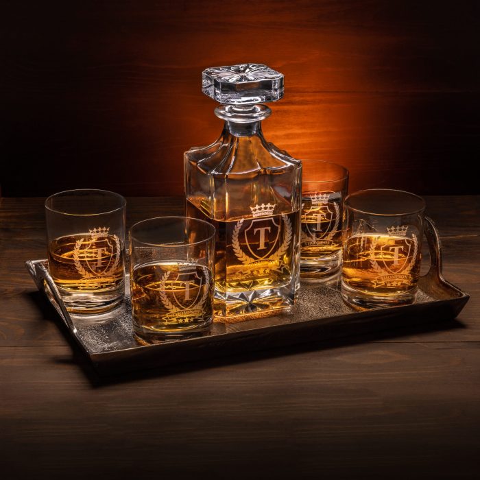 whiskey collection featuring decanter bottle and 4 lowball glasses