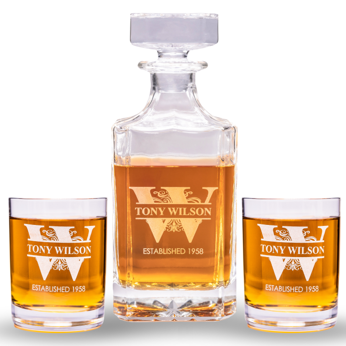 Engraved whiskey decanter glasses set